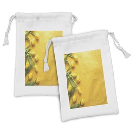 Ambesonne Yellow Fabric Pouch Set of 2, Danish Dutch Tulips on Colored Wall Garden Floral Love Lily Herbs Print, Small Drawstring Bag for Toiletries Masks and Favors, 9" x 6", Yellow Green