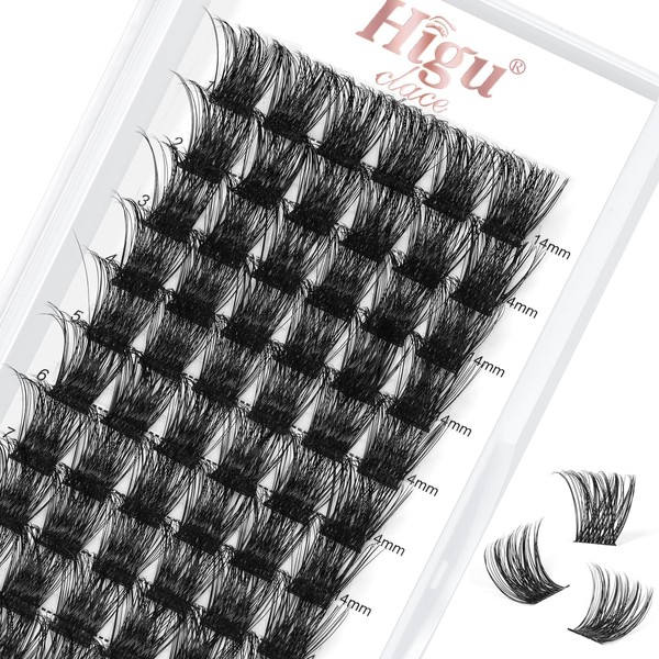 Higu clace Eyelash Clusters, DIY Eyelash Extensions, 72 Pieces, D Curl, 14 mm Clusters, Thin Band Clusters, Eyelashes, Individual Eyelash Clusters, Wispy, Natural, Reusable (H-02 D Curl 14 mm)