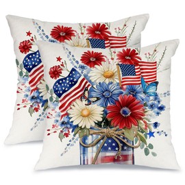AACORS 4th of July Pillow Cover 18x18 Set of 2,Floral Mason Jar Decorations Patriotic Holiday Pillow Case Independence Memorial Day Decor for Home Sofa Couch AA712-18-2