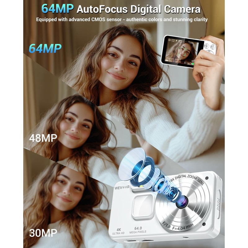 Digital Camera 4K 64GB, Wevoor 64MP Autofocus Camera with 2.8