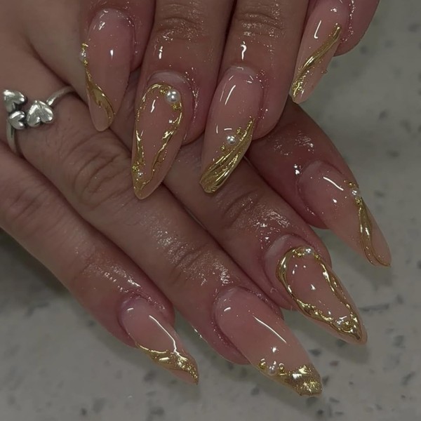 Press On Nails, Gold Foil Glitter Designed in Glue on