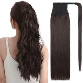 SEGO Pro Ponytail Extensions Human Hair Long Straight Ponytail Hair Extensions with Magic Paste Wrap Around Clip in Ponytail Extensions Real Human Hair,20inch #2 Dark Brown,95g