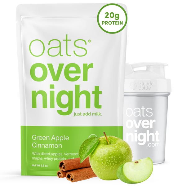 Oats Overnight - Green Apple Cinnamon - 20g Protein, High Fiber Breakfast Shake - Gluten Free, Non GMO Oatmeal (2.6 oz per meal) (8 Pack + BlenderBottle)