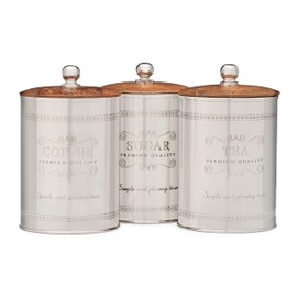 Old Dutch International 3 PC Nostalgia Etched, Tea, Coffee, Sugar, 1.4 Qt Each Canister Set, Silver/wood