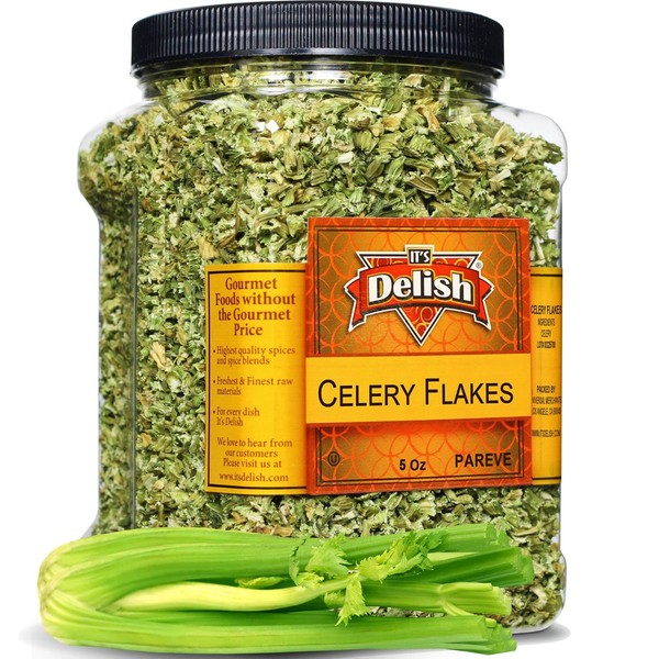 Dried Celery Flakes by It's Delish, 5 OZ Jumbo Reusable Container | Dehydrated Food and Dried Vegetables for Soup, Stew, Rice, Great for Kitchen, Camping and Emergency Food Supply | Kosher and Vegan