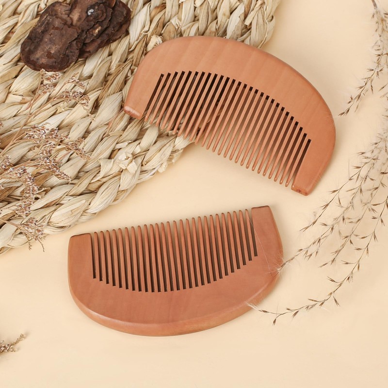 Natural Peach Wood Comb, 2 Pack Mini Wooden Comb Anti-Static