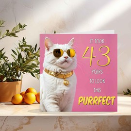 43rd Cat Birthday Card for Women - Purrfect Birthday - Funny Cat Birthday Card for 43 Year old woman Ladies Forty Three, Forty Third Friend Girls Mum Sister Aunt Niece Daughter Kitty Kitten