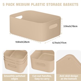 W&H 5 PCS Plastic Storage Boxes, Medium Kitchen Storage Boxes with Handle, Cupboard Storage & Organiser Boxes, Plastic Storage Baskets for Kitchen, Bathroom, Office, Home - 25×17×10cm (Beige)
