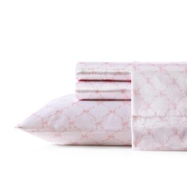 Laura Ashley - King Bed Sheets, Printed Satin Bedding with Matching Pillowcases, Deep Pocket, Lightweight for Year-Round Use, Oeko-Tex Certified (Bow Ribbon Pink)