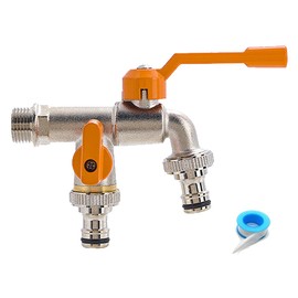 Brass Double Garden Tap, 1/2 Inch Double Outlet Garden Tap Rust and Antifreeze Double Outlet Tap with 2 Hose Connections for Garden Washing Machine Rain Barrel