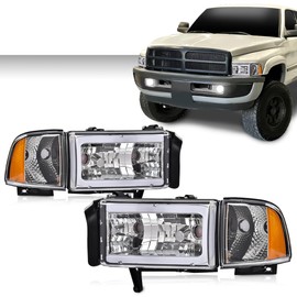 GRAND ORANGE LED Light Strip Headlight w/o Bulbs Compatible with Dodge Ram 1500 1994-2001/Dodge Ram 2500 3500 1994-2002 Clear Lens Chrome Housing Amber Reflector