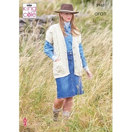 King Cole Aran Knitting Pattern Ladies Cable Knit Cardigan & Waistcoat (5962) 32/in - 50/in