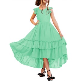 HOSIKA Girls School Party Dress Vintage Boho Flower Lace High Low Ruffle Hem Flowy Maxi Dress Aqua Green 6-12 Years L