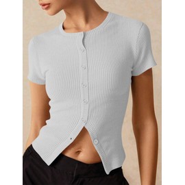 Imily Bela Womens Lightweight Button Down Cardigan Grey Short Sleeve Sweaters Ribbed Knit Tops Summer Tees 2025