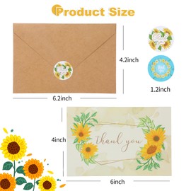 50 Pieces Sunflower Thank You Cards with Kraft Envelopes & Stickers 4x6 Inch Minimalistic Design Bulk Thank You Note Spring Summer Flower Blank Note Cards for Graduation,Baby Shower, Wedding,Bridal ,Birthday,Party