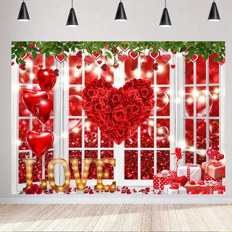 LYCGS 8x6ft Valentine's Day Backdrop Red Love Heart Valentine's Day