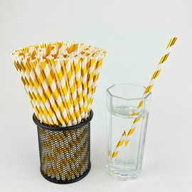 YAOSHENG Paper Straws for drinking, Pack 100 Gold Striped Paper Straws for Cocktail Party Supplies,Birthday,Wedding,Bridal/Baby Shower,Juice,shakes,Smoothies
