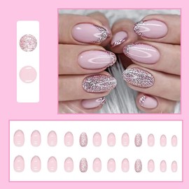 24pcs Short Almond False Nails Pink Glitter Tip - French Tip Fake Nails Full Cover Shiny Glue on Nails/Oval Glossy Press on Nails for Women Girls Acrylic Nails Art (Glitter Tip)
