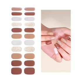 Yekafue No Lamp Gel Nail Strips 22 Pcs Wraps - Brownish Gold Glitter, Easy Apply Gel Nail Stickers Long Lasting, Salon-Quality, 2 Prep Pads, 1 File, 1 Wooden Stick