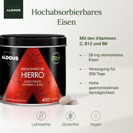 Eisenpräparat 28 mg + Vitamin C, B12 und Folsäure - 400 Tabletten - Eisenbisglycinat und Vitamin C - Rote Blutkörperchen, Hämoglobin - Vitamine gegen Müdigkeit - Vegan - Eisen - Aldous
