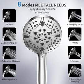 High Pressure 8-mode Handheld Shower Head with 5 ft Stainless Steel Hose and Adjustable Bracket, Built-in Power Wash to Clean Tub, Clean Corner,Tile & Pets