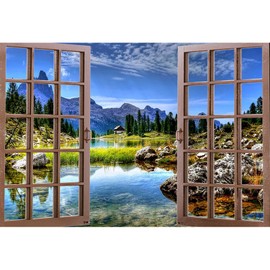 5x3ft Nature Landscape Backdrop Window View Clear Lake Forest Mountain Sky Nature Scenery Background for Photography Living Room Office Interior Decor Wallpaper Adults Photo Props