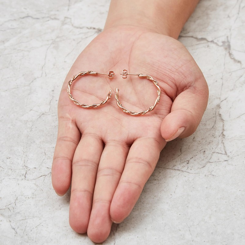 Philip Jones Rose Gold Plated 30mm Twisted Diamond Cut Hoop