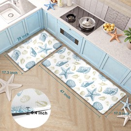 Kitchen Mats for Floor Cushioned Anti Fatigue Sets of 2 Coastal Nautical Kitchen Rugs Non Slip Waterproof Beach Theme Seashell Foam Kitchen Floor Mats Comfort Standing Mat For Sink Laundry, Light Blue