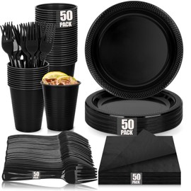 200pcs Black Plastic Party Plates Set, Disposable Black Plates and Napkins for Party, 50 Of Each 9" Dinner Plate, Napkins, Cups & Cutlery Plastic Dinnerware for Retirement, Graduation, Birthday, BBQ