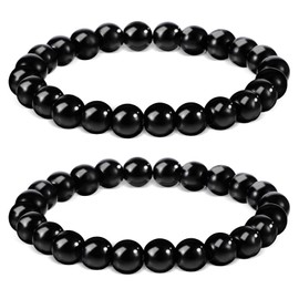 Heclia 2Pcs Black Obsidian Bracelet For Women & Men, 8MM Natural Healing Crystal Stretch Beaded Bracelet, Energy Stone Jewelry For Protection, Stress Relief, Birthday Gifts, Elastic Gemstone