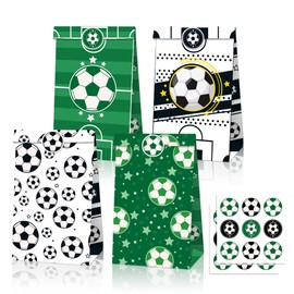 NA 12 Pack Soccer Party Favor Bags Soccer Theme Favor Candy Bags Kraft Paper Bags with Stickers for Baby Shower Party Treat Gift Decorations Supplies