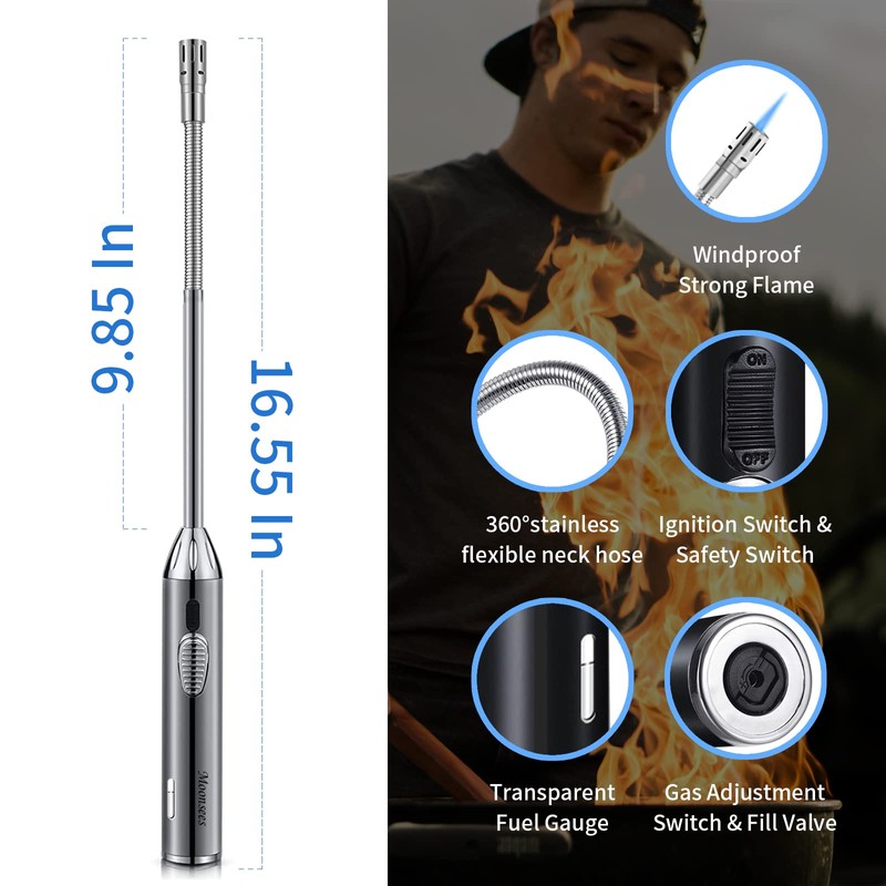 Long Grill Lighter,Refillable Butane,Windproof Flexible with Visual Fuel Window for