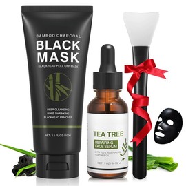 Blackhead Peel Off Face Mask, 3-in-1 Blackhead Remover Mask with Brush & Tea Tree Oil Serum, Charcoal Mask for Deep Cleansing Dirts, Pores, Skin Oil