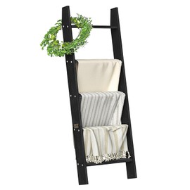 HONEST OUTFITTERS Blanket Ladders for The Living Room, 5-Tier Blanket Holder, Wall-Leaning Blanket Rack, Ladder Shelves, Wooden Quilt Ladder, Farmhouse Decor, Black