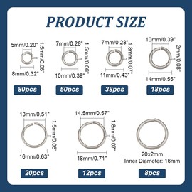 PH PandaHall 226pcs 7 Sizes 304 Stainless Steel Open Jump Rings 8/10/11/14/16/18/20mm Large O Rings Round Jump Rings Jewellery Connector Rings for Keychain Necklaces Jewellery Making, 15/13/12 Gauge
