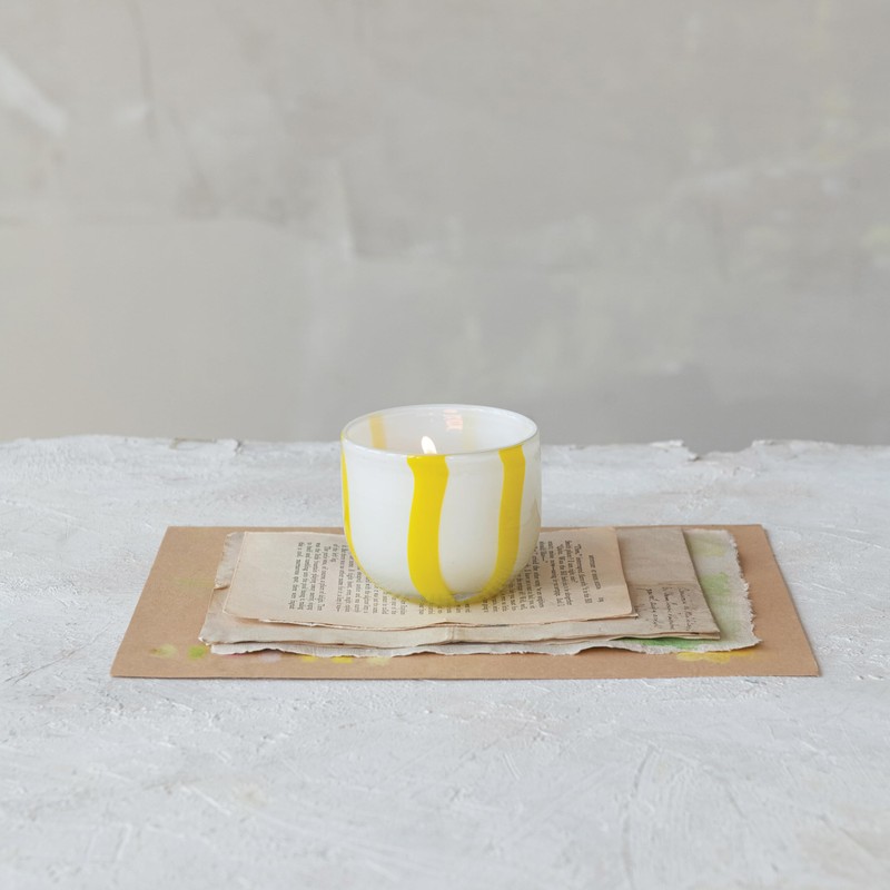 Creative Co-Op Round Soda Glass Tealight/Votive Holder with Stripes, White
