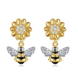 Bee Earrings Sterling Silver Bumble Bee Sunflower Dangle Earrings Animal Jewellery Gifts for Women