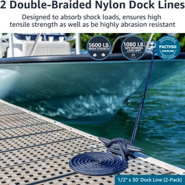 Boat Dock Lines 1/2 Inch x 30 ft Double Braid Nylon Dock Lines for Boats & Pontoons, Marine-Grade Nylon Dock Line with a 12" Eye, Ultimate Marine Rope, Boating Accessory - Navy Blue, 2 Pack