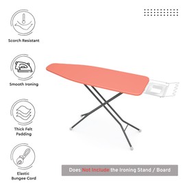 Ironing Board Covers and Pad by Encasa XO - 125x46 cm - Elastic Tightening with Thick 4 mm Felt Padding, Easy Fit, Scorch Resistant, Plain Colors - Coral