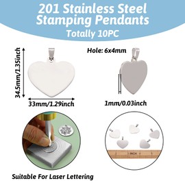 PandaHall 10pcs Stainless Steel Heart Blank Stamping Tags Charm Pendants 33x34.5x1mm for DIY Jewelry Making
