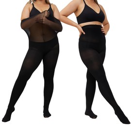 LiiYoang Black Tights Women Plus Size 40 Denier，M-4XL Tummy Control Tights Ladies Opaque Pantyhose 2 Pairs