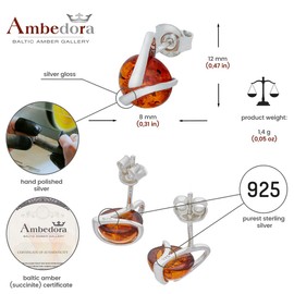 Women's Silver Stud Earrings with Amber, Round Baltic Amber in Cognac, Sterling Silver 925, Gift for Women, Sterling Silver, Amber