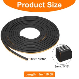 HARFINGTON Weather Stripping 5/16" x 5/16" 16.5ft Length Self-Adhesive High Density Door Seal Strip for Door Window Weatherproof Seal Strips, Soundproof Weatherstrip