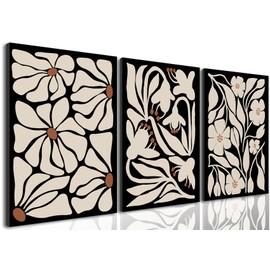 Abstract Black Boho Flowers Wall Art Framed Set of 3 Vintage Black Beige Plant Prints Neutral Floral Painting Pictures Abstract Botanical Flower Canvas Wall Decor for Living Room Bedroom 12x16 in