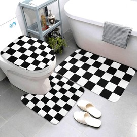 Jbofyee Black White Checkered Print 3 Piece Bathroom Rugs Set, Bath Mat + Contour Mat + Toilet Seat Cover, Non-Slip Soft Microfiber Checkerboard Bathmat for Tub Shower Room Decor, Machine Washable