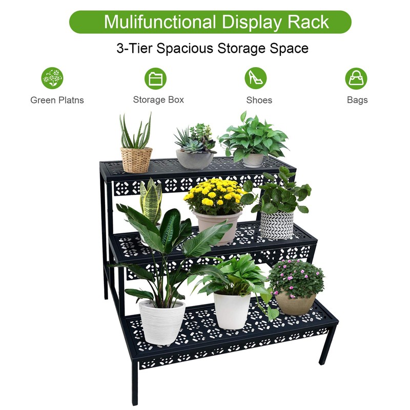 aboxoo 3 Tier Stair Style Large Metal Plant Stand, Garden