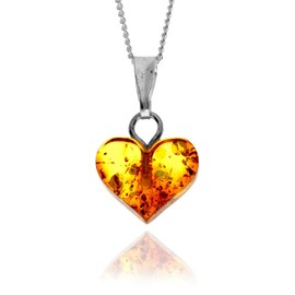 SilverAmber Jewellery UK - Genuine Tiny Baltic Amber Carved Heart Shape Pendant on a 14 inches Delicate 0.7 mm 925 Sterling Silver Curbs Chain Necklace - WHL1H-16INCH