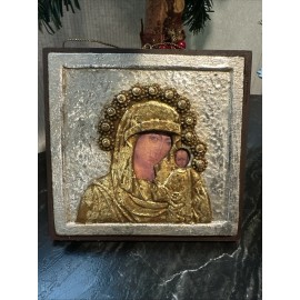 vintageremnants-1019 Vtg Wooden Plaque Ornament Mary & Child Gold Leaf & Decoupage Holiday Gift Idea