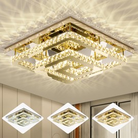 Kuailkag 18" Modern Gold Crystal Chandelier with Remote Control, Dimmable Flush Mount Ceiling Light Fixture, 3-Color Temperature, Led Ceiling Lamp for Living Room Bedroom Kitchen Dining Room Entryway