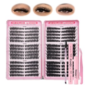 Cluster Lashes Kit,540PCS Fluffy Individual Eyelashes Kit Mixed 8-16mm Russian D Curl Lashes Individual Cluster with Lash Bond and Seal Glue Remover Tweezers & Brush DIY at Home for Beginner(A02 KIT)
